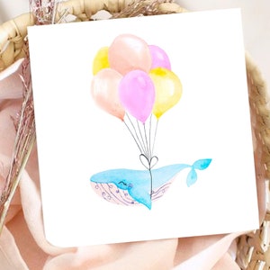 Carte voeux baleine à ballons - Aquarelle originale