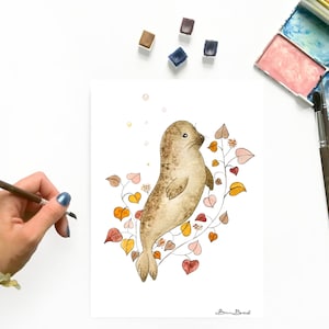 Seal Original Watercolor Painting in Autumn colors 6.30 x 9.45 inch