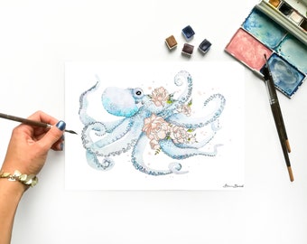 Aquarelle originale décorative octopus fleuri