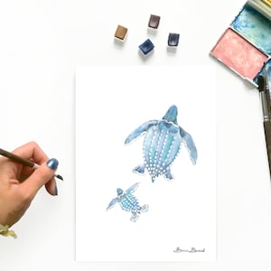 Aquarelle originale décorative tortue luth et son petit