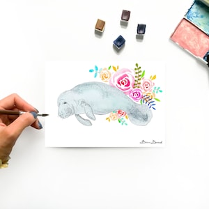 Aquarelle originale décorative lamantin fleuri