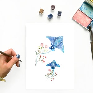 Aquarelle originale raie fleurie et son petit