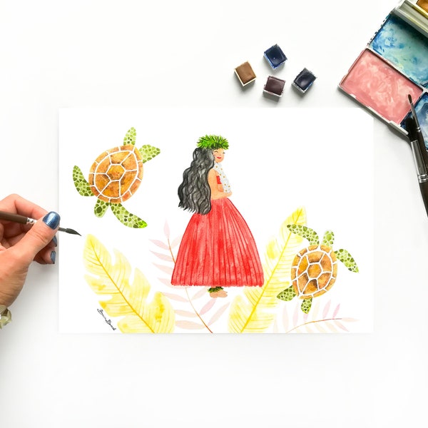 Aquarelle originale décorative tortues et vahiné - Danseuse tahitienne