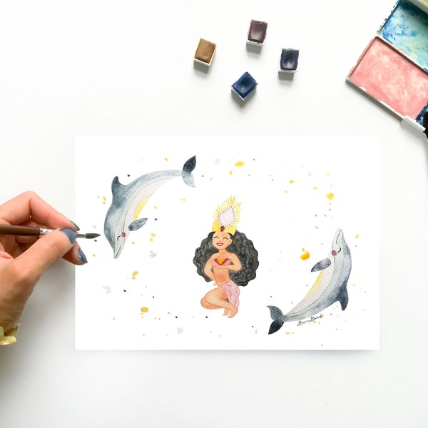 Dauphins et danseuse tahitienne - Aquarelle originale décorative