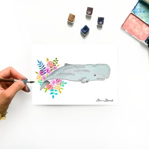 Aquarelle originale décorative cachalot fleuri