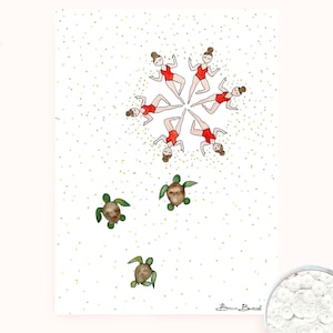 Aquarelle originale décorative tortues & nageuses artistiques
