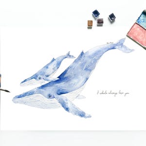 Humpback Whale and Calf Original Decorative Watercolor Painting - &quot;I whale always love you&quot;
