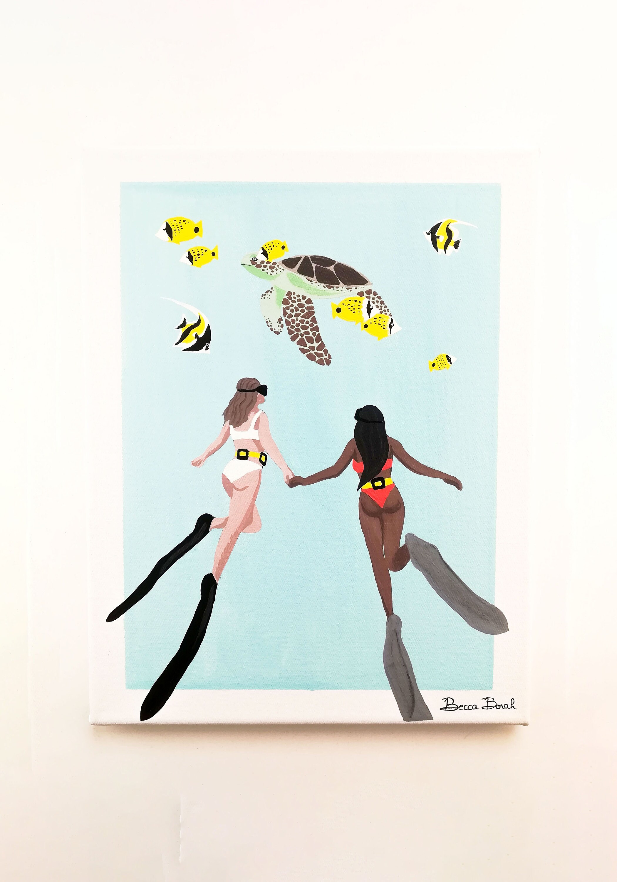Toile Décorative Originale Plongeuses et Tortue Marine