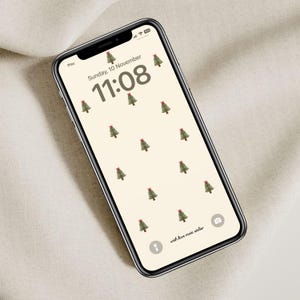 Cozy Christmas Phone Wallpaper, Xmas Tree With Red Bow Smartphone Lock Screen, Winter Pattern, Mobile Phone Home Screen Instant Download