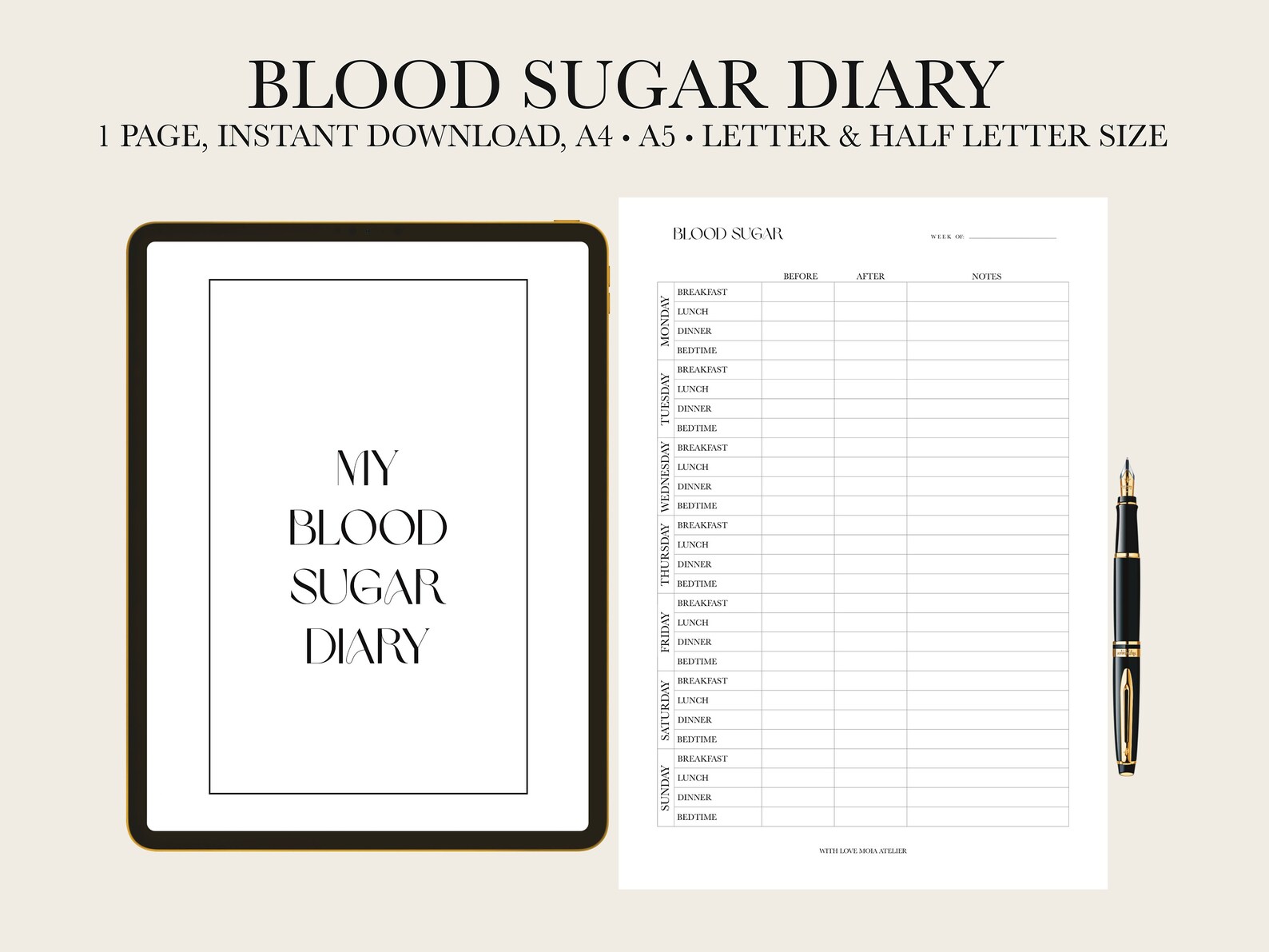 Blood Sugar Diary Minimalist Printable Weekly Blood Sugar - Etsy