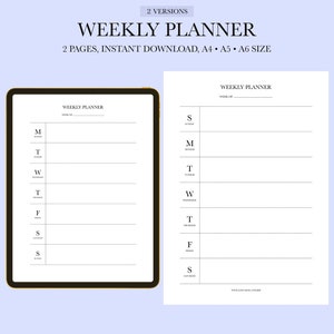 May include: Two versions of a weekly planner template. The planner is a simple, black and white design with a column for each day of the week. The text "WEEKLY PLANNER" is at the top of the page.