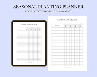 Planificador de plantación estacional imprimible, página de planificación de jardinería minimalista, cuaderno de jardinería sencillo, calendario de plantación estacional, diario de plantas