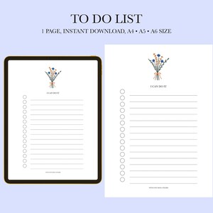 Peut inclure: Liste de choses à faire imprimable avec une illustration florale et le texte "Je peux le faire". La liste est conçue pour les formats de papier A4, A5 et A6.