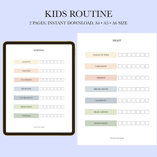 Kids Morning & Night Routine Tracker afdrukbaar, dagelijkse routine kleurrijke grafiek, peuter karwei grafiek, voorschoolse werkblad, ritme checklist