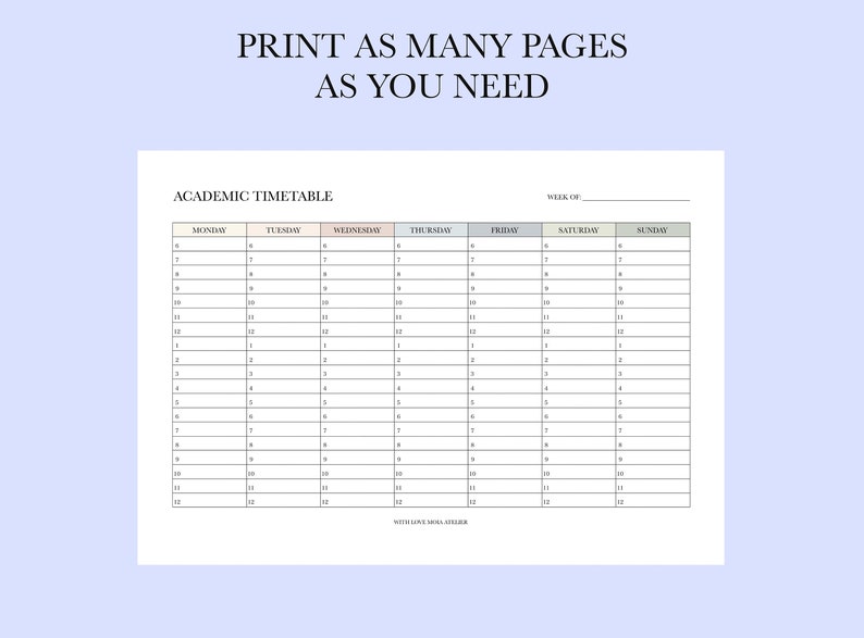 Academic Timetable Template Printable, Simple Horizontal Weekly ...
