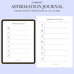 Feuille de travail imprimable sur l'affirmation de soi pour la santé mentale, journal hebdomadaire des manifestations pour la loi de l'attraction, la motivation et la pensée positive