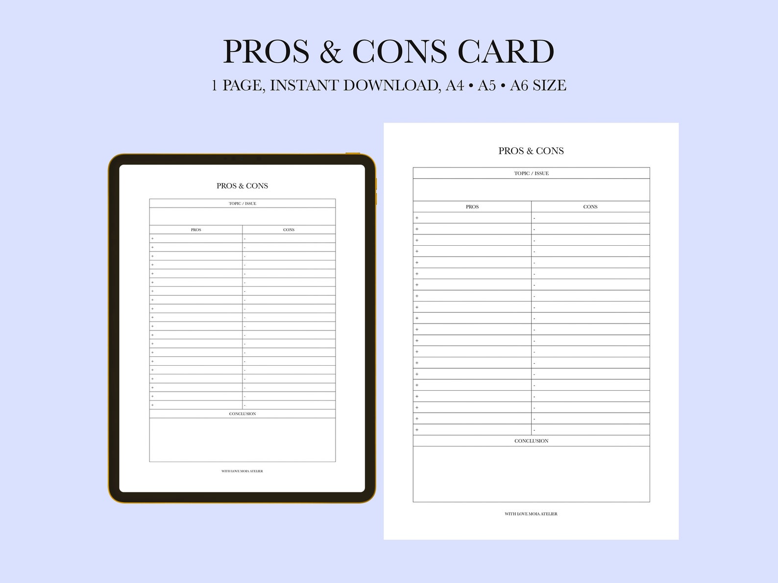 Pros and Cons Card for Decision Making, Simple Pros and Cons Chart ...