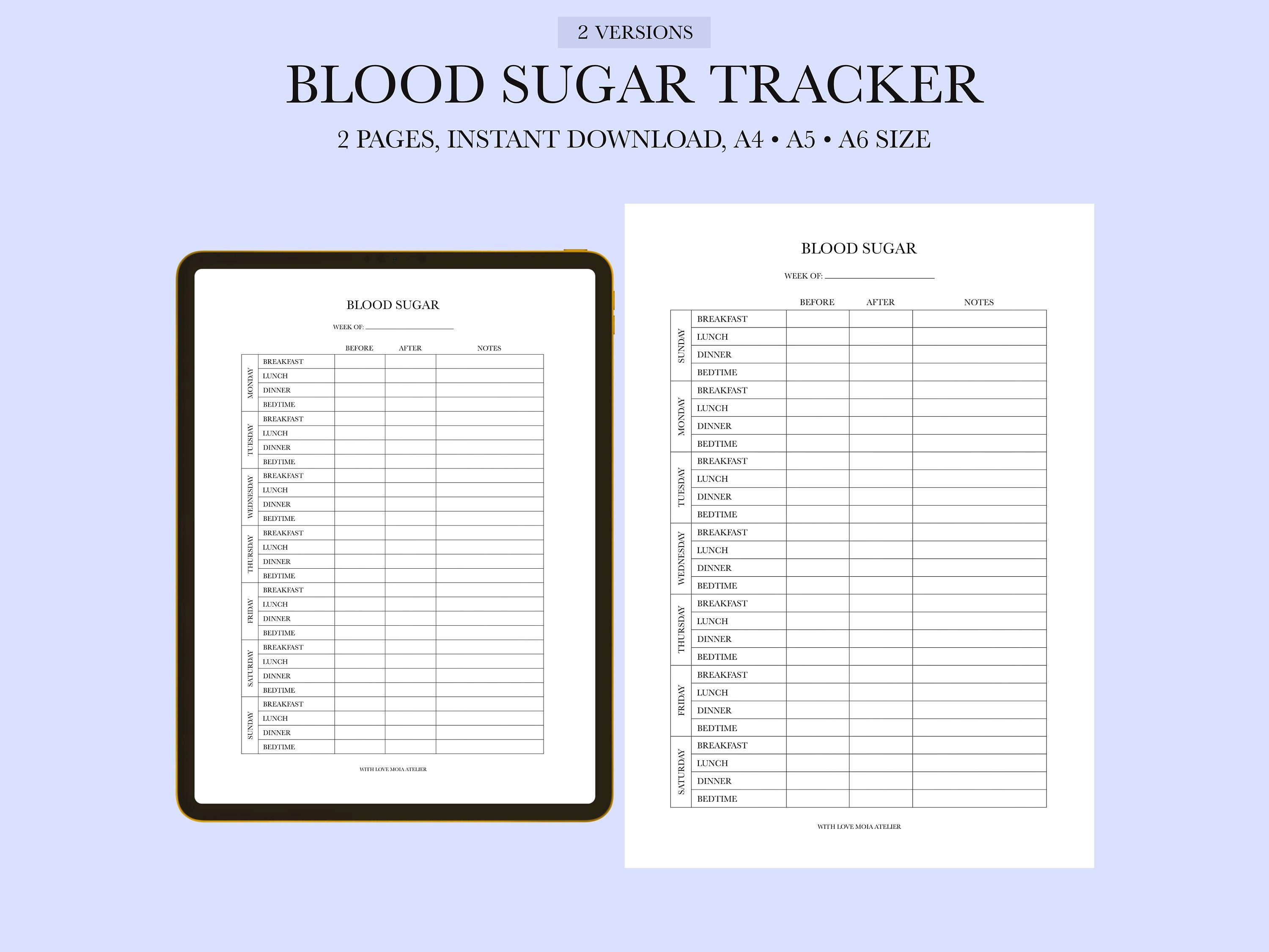 Blood Sugar Diary, Minimalist Printable Weekly Blood Sugar Diary, Blood ...