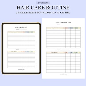 Peut inclure: Planificateur de routine de soins capillaires imprimable avec deux versions. Le planificateur comporte une grille avec les jours de la semaine et un espace pour écrire les étapes et les produits de soins capillaires.