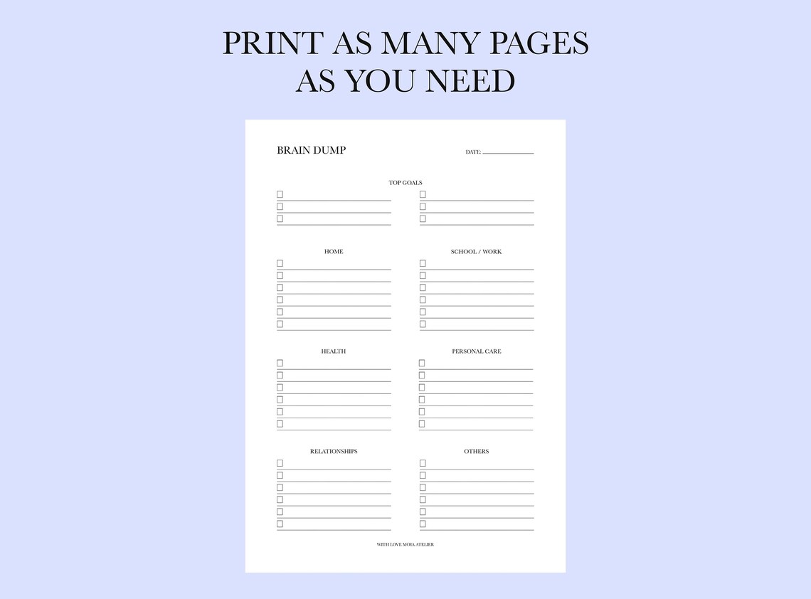Mind Checklist Brain Dump Printable, Daily Checklist Template, to Do List, Mind Dump ...