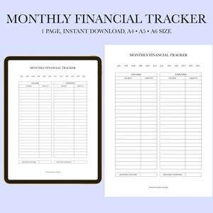 Puede incluir: Un rastreador financiero mensual imprimible con columnas para ingresos y gastos. El rastreador incluye secciones para la fuente, el monto y los totales mensuales. El documento está disponible en tamaños A4, A5 y A6.