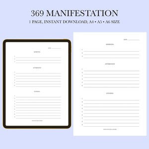 Może przedstawiać: Drukowalny dziennik manifestacji 369 z sekcjami na poranek, popołudnie i wieczór. Dziennik jest przeznaczony do formatów papieru A4, A5 i A6.