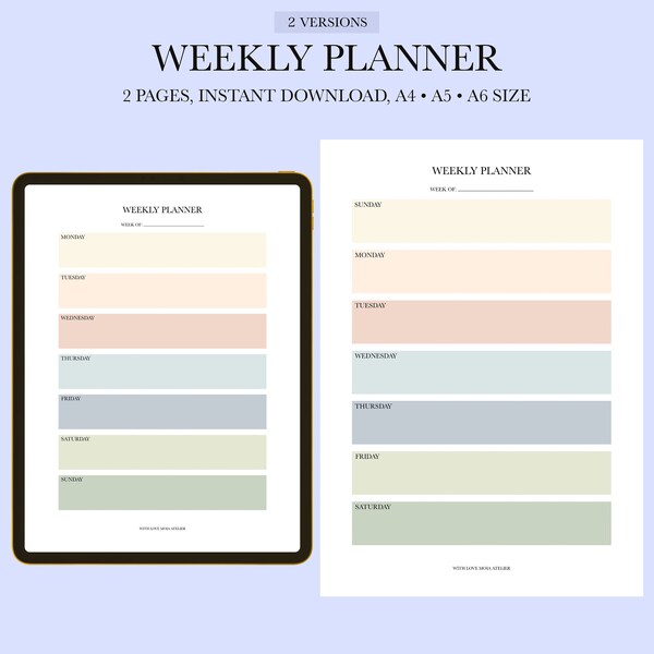 Colorful Weekly Planner Printable, Pastel Rainbow Colors Weekly Organizer, Week At a Glance, Aesthetic Fridge Planner For Kids & Adults, PDF
