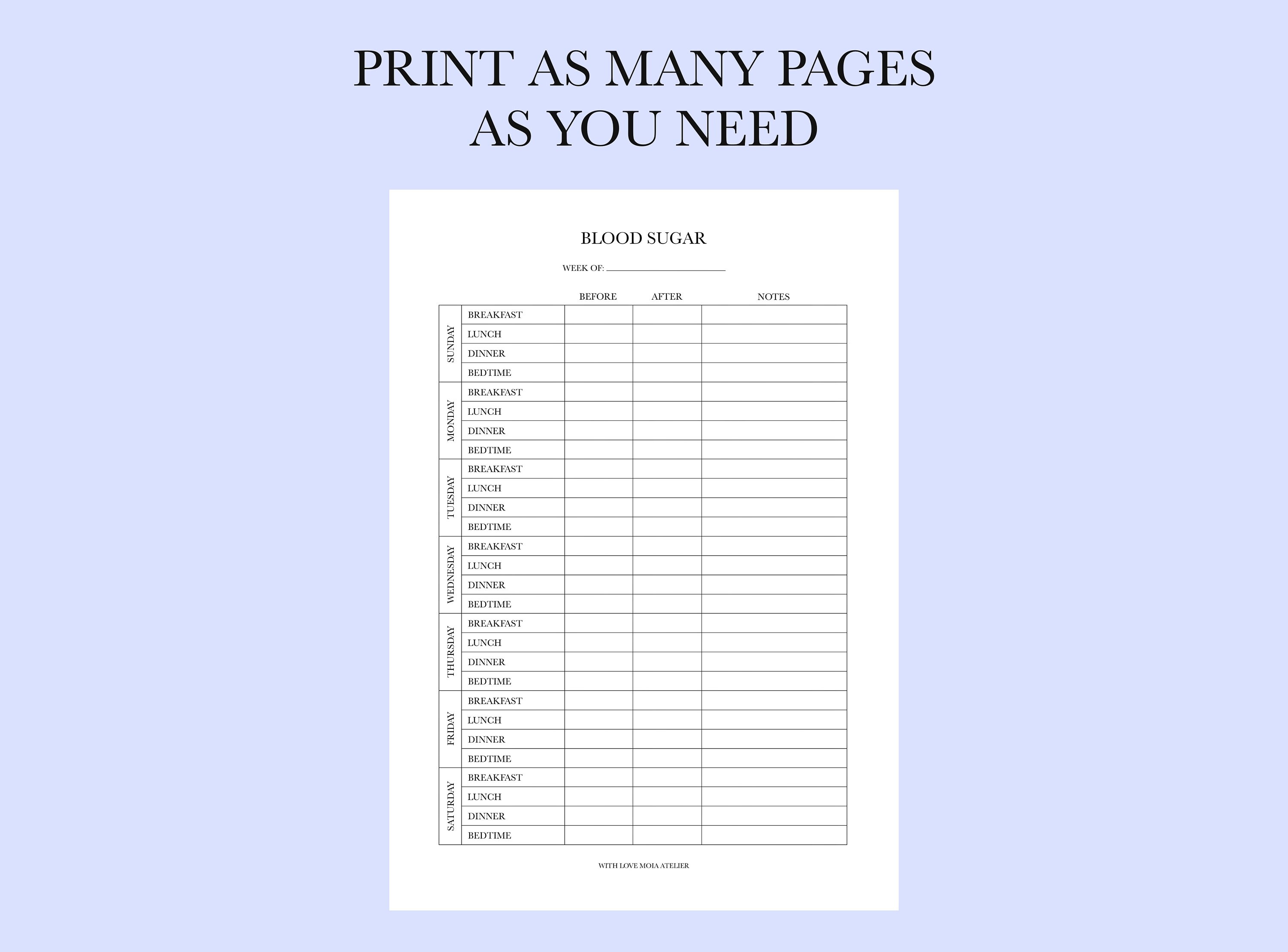 Blood Sugar Diary, Minimalist Printable Weekly Blood Sugar Diary, Blood ...