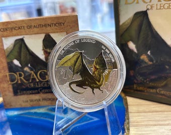 2013 Dragons of Legend European Green Dragon 1oz Silver Proof Coin w/ Box & COA Tuvalu Perth Mint