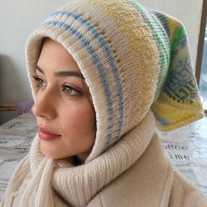 Knit Hood bonnet for Women, Tie Hood, Handmade Hood Hat, Soft Wool Blend Hood, Winter bonnet, Pixie hat girl's, Gift for Her