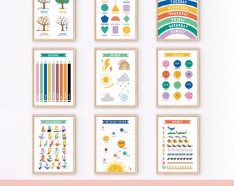 Educational Children's Prints / Nursery Art / Children's Bedroom / Four Seasons / Space / Feelings / Colours / Shapes / Weather / Days / ABC