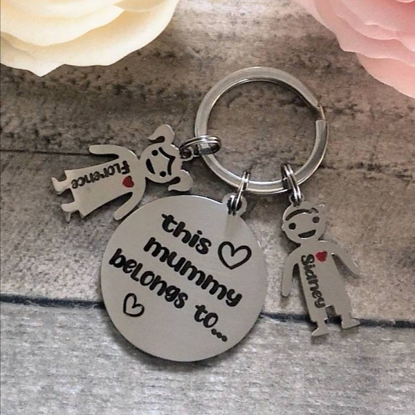 This Mummy Belongs To... Personalised stainless steel keyring with boy/girl charm with red enamel heart with gift bag - Ideal Mother's Day