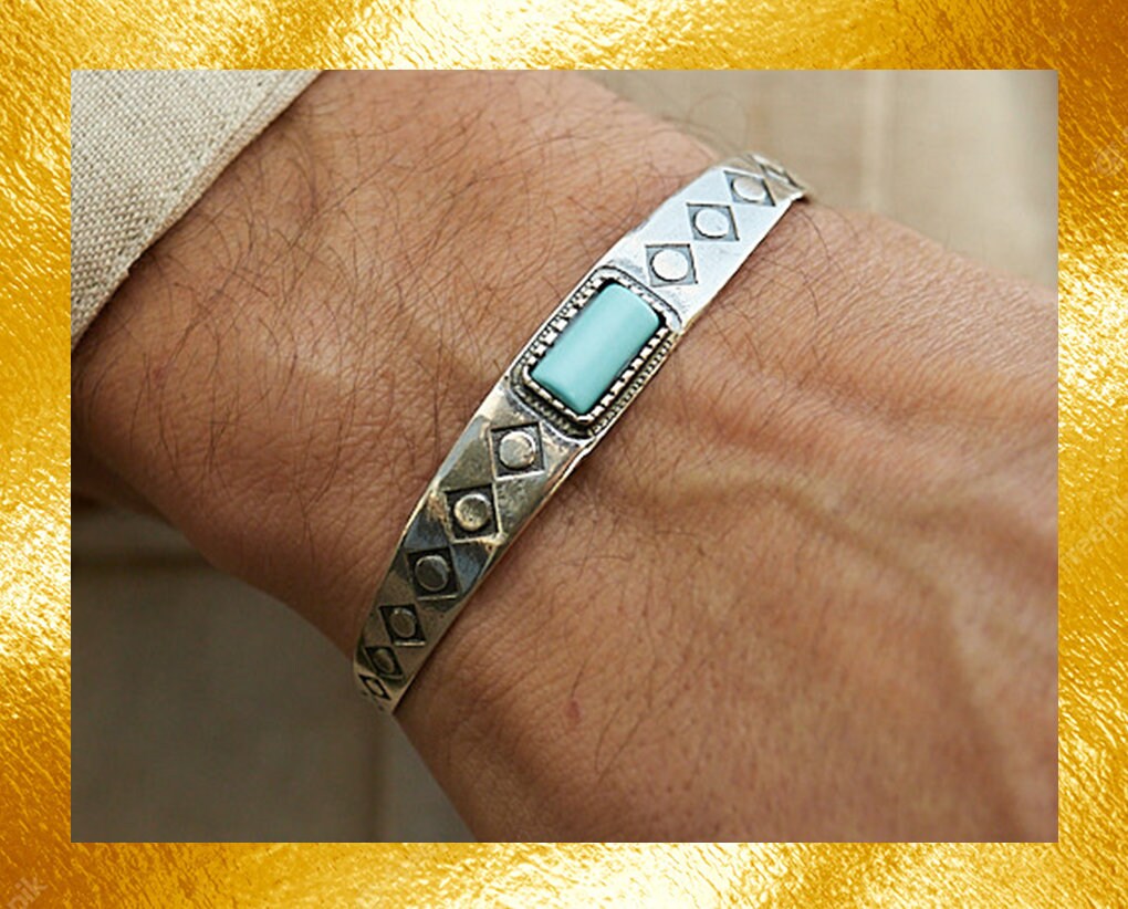 Bracciale Indiano In Argento 925 Con Turchese E Piuma – Stile Western Boho Regolabile (16,5-19 Cm)