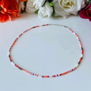 Beaded Necklace, Custom Pink Beaded Necklace, Seed Bead Necklace, Colorful Beaded Choker Necklace, Beaded Choker, Red Blend Beaded Necklace
