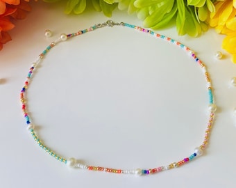 Pearl Beaded Necklace, Custom Colorful Pearl Beaded Necklace, Seed Bead Necklace with Few Freshwater Pearls, Minimalist Pearl Bead Necklace