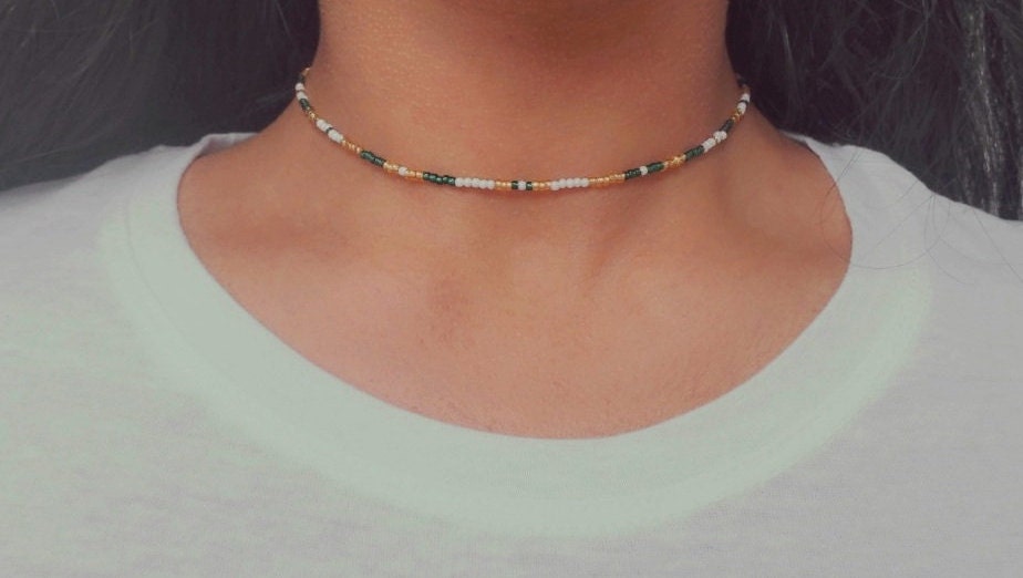 Brown Round “Up LV” Accent with Crystal and Iridescent White Bead Choker