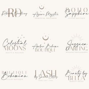 9 x BOHO Editable Logo Designs, Apothecary Custom Logo Design, DIY Logo Template, Small Business Logo, Vintage label, Celestial, CANVA