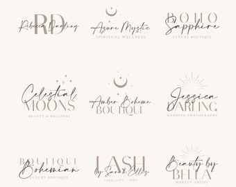 9 diseños de logotipos editables BOHO, diseño de logotipo personalizado de boticario, plantilla de logotipo DIY, logotipo de pequeña empresa, etiqueta vintage, celestial, CANVA