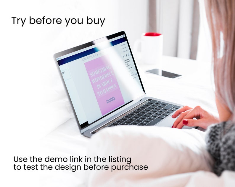 May include: A laptop computer displaying a pink and white design with the text "Something Wonderful Is About To Happen". The laptop is on a white bedspread.