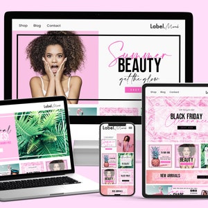 May include: A mockup of a website for a beauty brand called Label.Mork. The website features a pink and green color scheme and images of models and products. The text on the website includes "Summer Beauty get the glow", "All natural no nasties", "Up to 70% off Black Friday Clearance", and "New Arrivals".