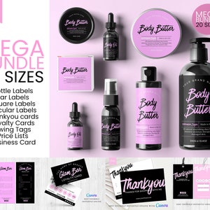Editable Cosmetic MEGA BUNDLE, Product Label Template, Diy Cosmetic Label, Skincare Label, Thankyou cards, Price Lists, 2oz, 3oz, 4oz, CANVA