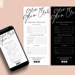 Modelo de lista de preços editável, lista de preços comerciais personalizada, menu DIY, serviços, lista de preços digital, beleza, salão de beleza, CANVA, folheto de lista de preços