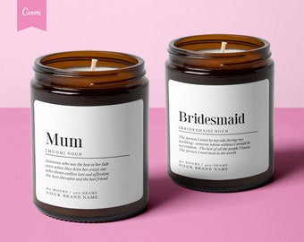 PERSONLIG redigerbar ljusetikett, GÅVOFARBET etikettdesign, brudtärna, mamma, redigerbar produktetikett, ljusmall, anpassad etikett, CANVA