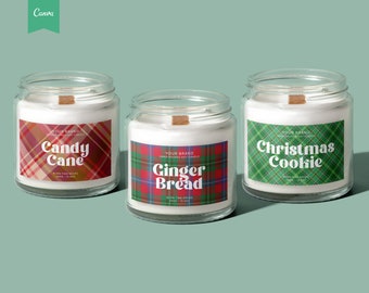 Étiquette de bougie modifiable SAISONNIÈRE, conception d'étiquette de bougie de Noël, cire fondue, étiquette de produit personnalisée, pain d'épice, étiquette de bougie bricolage, plaid, CANVA