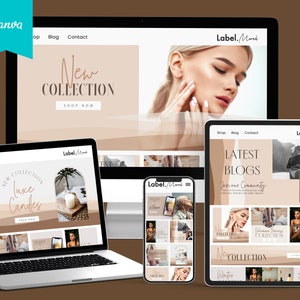 May include: A mockup of a website and social media posts for a brand called "Label.Mark". The website features a light brown background with a banner that says "New Collection" and a button that says "Shop Now". The social media posts feature a variety of images, including a woman with a neutral expression, a candle in a glass jar, and a woman wearing earrings. The text on the social media posts includes "New Collection", "Latest Blogs", "Join our Community", "Winter Clearance", and "50% Off".