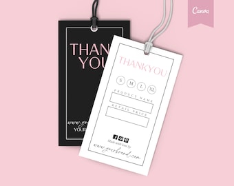 May include: Black and white thank you tag with pink text. The tag has a space for the product name, retail price, and size options. The tag also includes the text "www.yourbrand.com" and social media icons.
