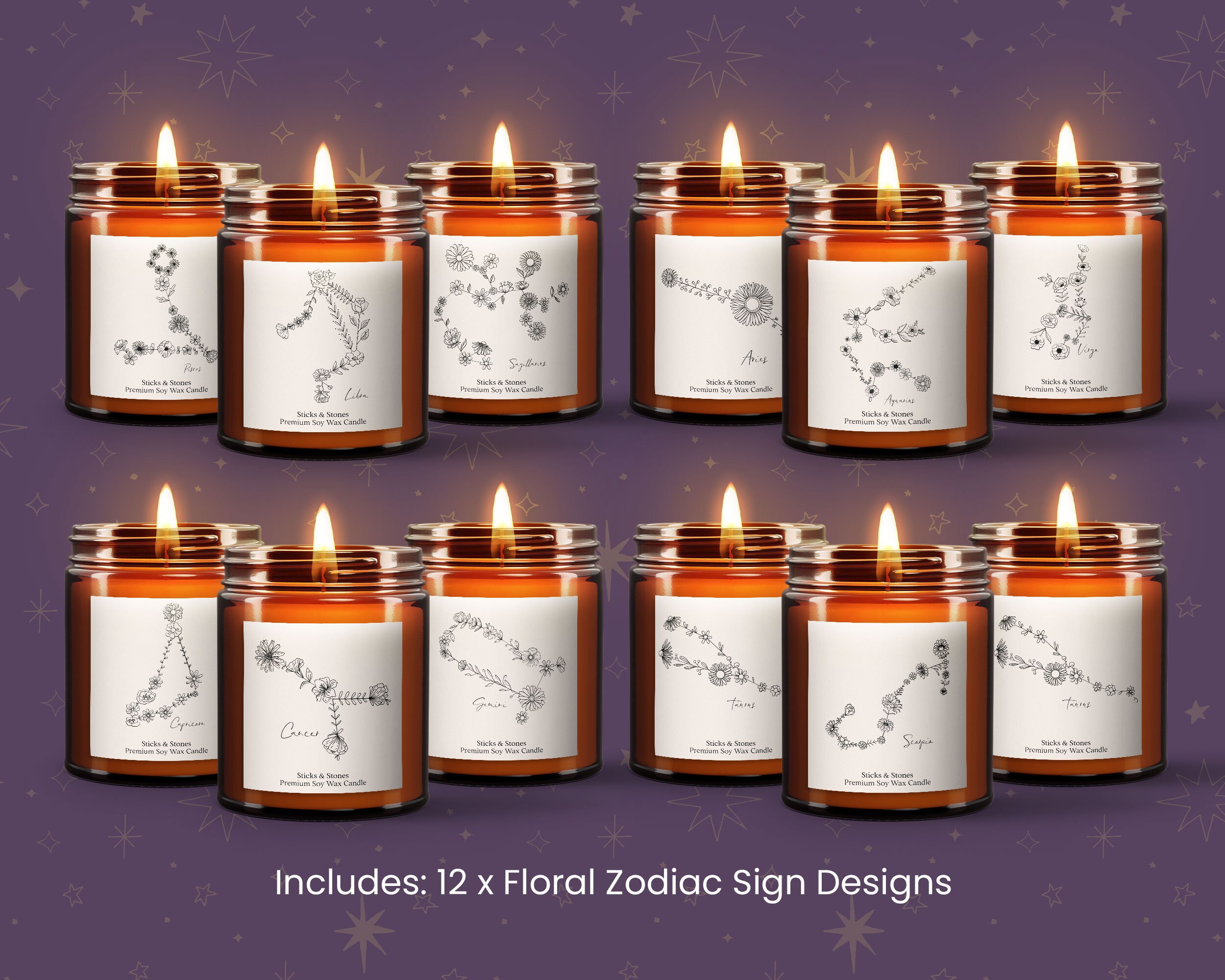12 x HOROSCOPE Editable Zodiac Candle Label FLORAL Label Etsy France