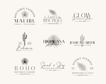 9 x BOHO Editable Logo Designs, Bohemian Custom Logo Design, DIY Logo Template, Beach cactus, Small Business Logo, Vintage label, Palm CANVA