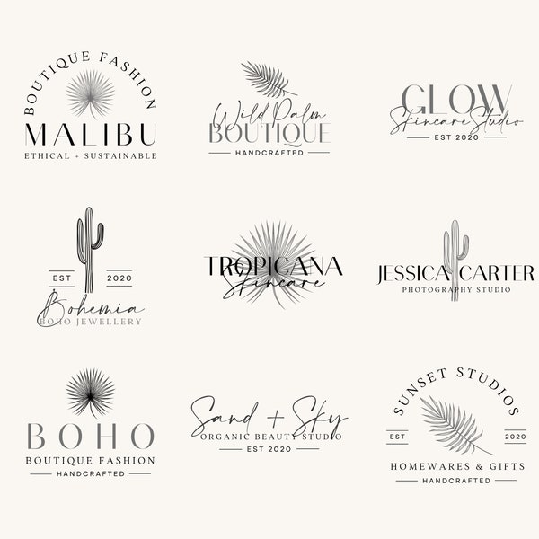 9 x BOHO Editierbare Logo-Designs, Boho Custom Logo Design, DIY-Logo-Vorlage, Strandkaktus, Small Business Logo, Vintage-Label, Palm CANVA