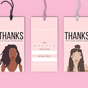 10 x Custom HANG TAGS, Small Business PINK Hang Tag, Boutique Clothing Tag Template, Hair Bundles Product Tag, Hang Tag, Female Illustration